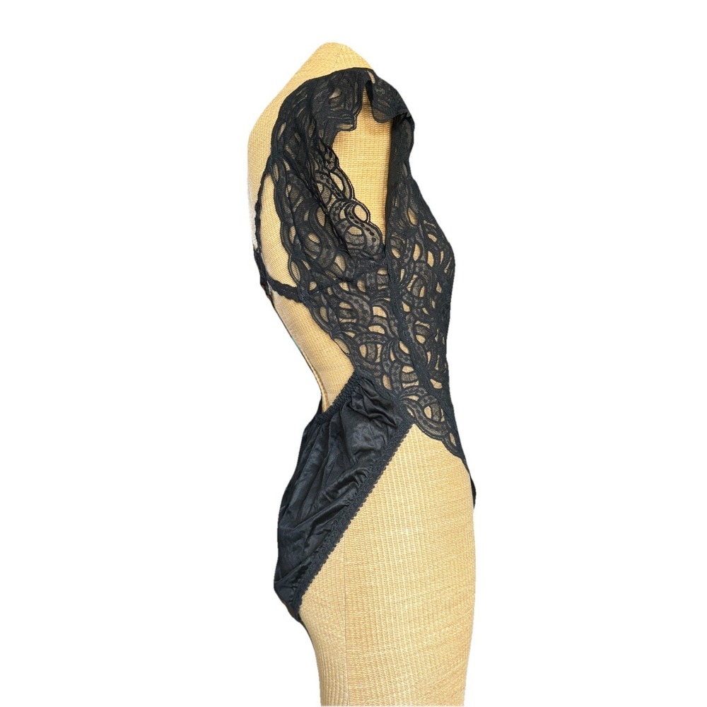 VTG Bodysuit Lingerie Teddy ByDELICATES Black Lace Short Sleeve Backless Large - Picture 4 of 6